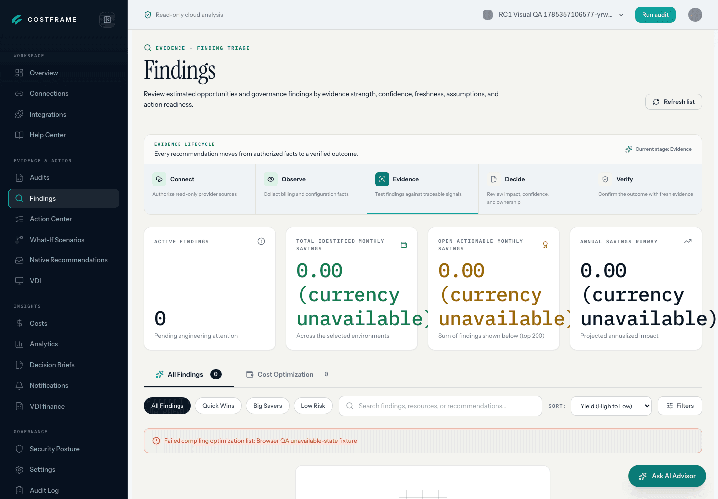 Costframe authenticated Findings interface showing its no-customer-data verification state