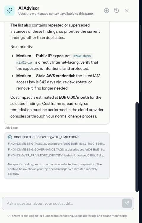 Costframe AI Advisor drawer answering a cloud cost question with a GROUNDED · SUPPORTED_WITH_LIMITATIONS evidence card listing the exact findings behind the answer