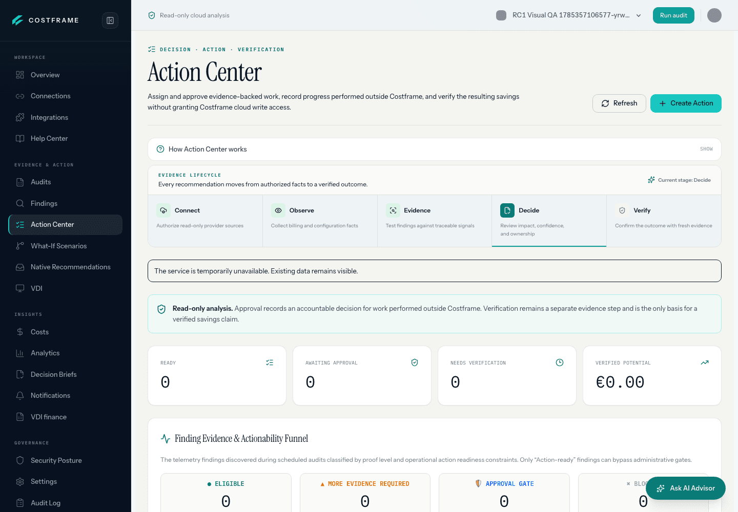 Costframe authenticated Action Center interface showing its no-customer-data verification state