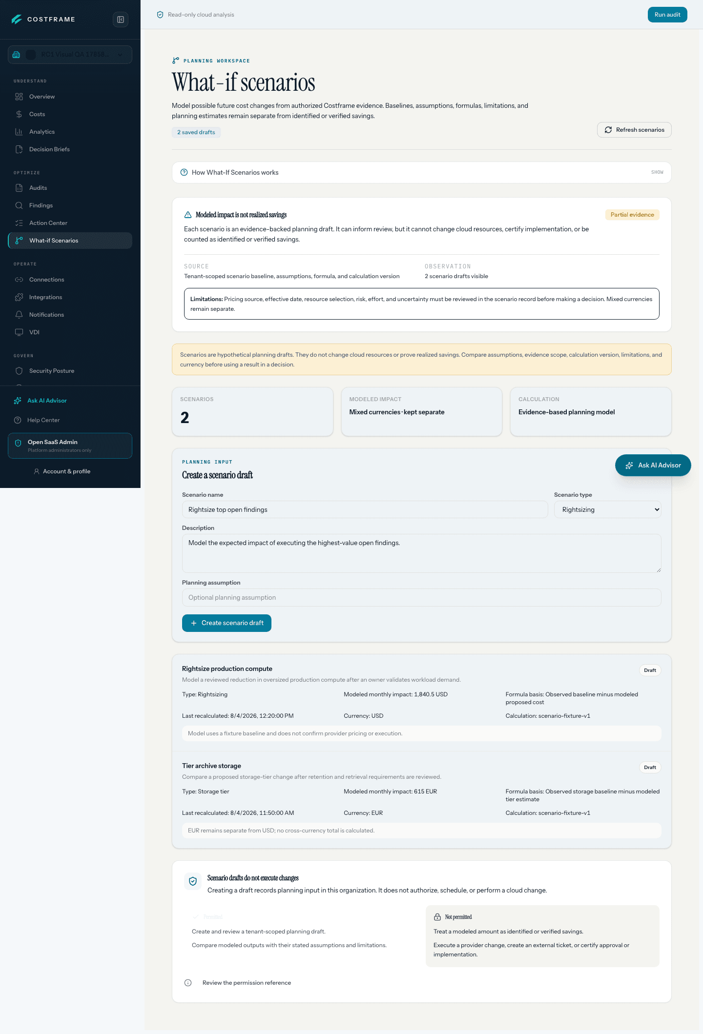 Costframe authenticated What-if Scenarios interface showing its no-customer-data verification state