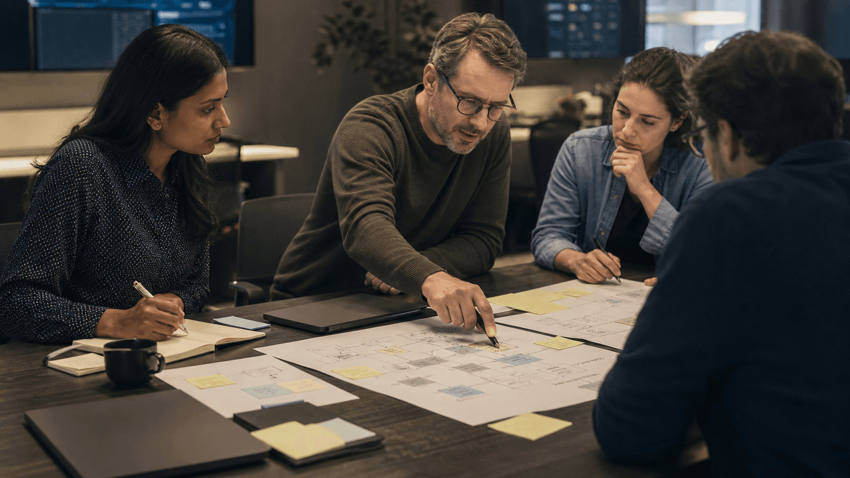 Security and platform operations team reviewing architecture diagrams around a table.