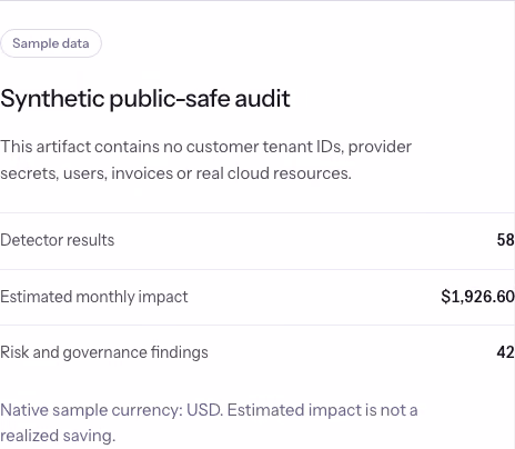 Costframe's public synthetic audit labels estimated monthly impact separately from risk findings.