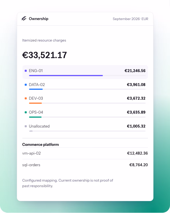 Costframe public sample ownership panel with itemized EUR charges and an unallocated row.