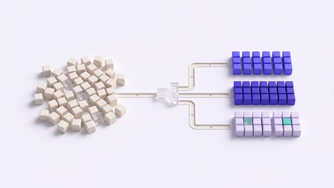 A shared pool of blocks passes through a junction into separate recipient groups.