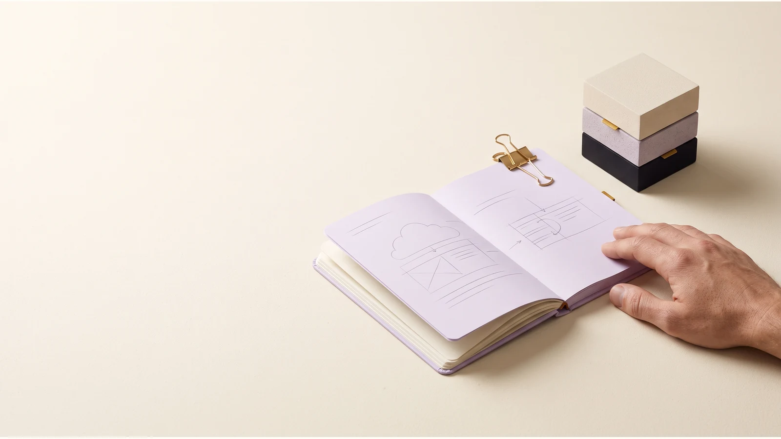 An engineering notebook beside a layered workload model, ready for inspection.