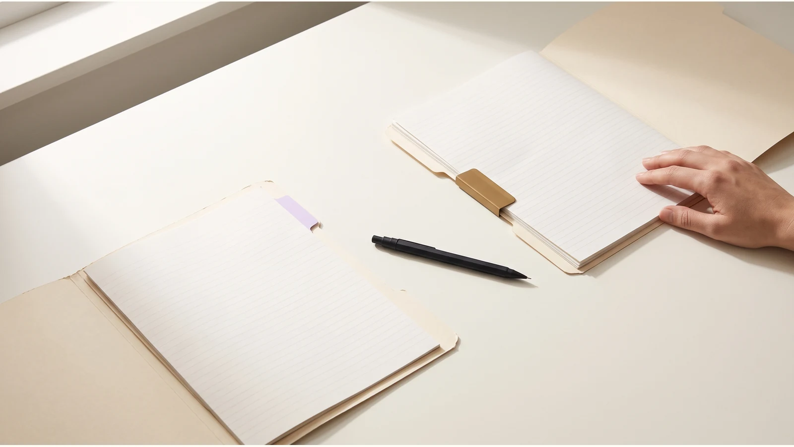 Two separate review folders on a desk, each with its own documents.