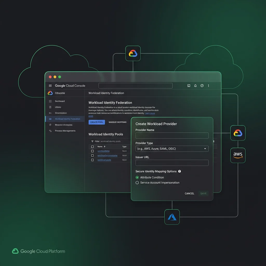 Google Cloud Console Workload Identity Federation provider creation form setup